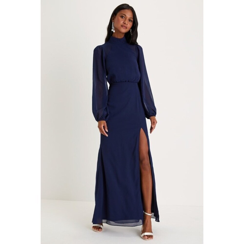 Lulus Graceful Entrance Navy Blue Long Sleeve Backless Maxi Dress - Size 2X